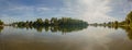 Panorama on sacramento river in fall with views at bend in river channel with boats docked at marina