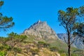 Landscape and panoramic view of a mountain during summer against a clear blue sky. Scenic natural landmark amongst trees Royalty Free Stock Photo