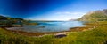 Landscape panoramic view to Fredvang bridge, Torvoya and buoya islands and Hovdanvika bay, Lofoten, Norway