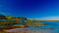 Landscape panoramic view to Fredvang bridge, Torvoya and buoya islands and Hovdanvika bay, Lofoten, Norway