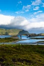 Landscape panoramic view to Fredvang bridge, Torvoya and buoya islands and Hovdanvika bay at Lofoten, Norway