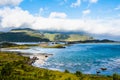 Landscape panoramic view to Fredvang bridge, Torvoya and buoya islands and Hovdanvika bay at Lofoten, Norway