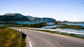 Landscape panoramic view to Fredvang bridge, Torvoya and buoya islands and Hovdanvika bay, Lofoten, Norway