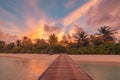 Landscape of paradise tropical island beach, sunrise sunset view. Exotic palm trees, soft sand and calm sea. Summer scene Royalty Free Stock Photo