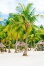 Landscape of paradise tropical island with palms cottages and white sand beach Royalty Free Stock Photo