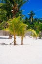 Landscape of paradise tropical island with palms and white sand beach Royalty Free Stock Photo