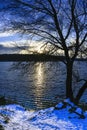 The landscape in the Park in late autumn on the lake. First snow. Royalty Free Stock Photo