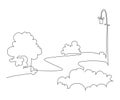 Landscape park with a path, trees and a lamppost. Continuous line drawing. Vector illustration. Silhouette footpath Royalty Free Stock Photo