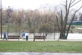 Landscape park and pond in Butovo, Moscow, spring April 2022.