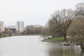 Landscape park and pond in Butovo, Moscow, spring April 2022.