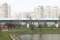 Landscape park and pond in Butovo, Moscow, spring April 2022.