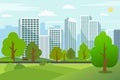 Landscape park trees with cityscape.Public park in urban city.Building in green garden.Spring scene park and tower