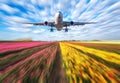 Landscape with passenger airplane is flying in blurred blue sky Royalty Free Stock Photo