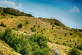 Landscape with pedestrian bridge at river Uvac gorge Royalty Free Stock Photo