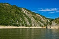 Landscape with pedestrian bridge at river Uvac gorge Royalty Free Stock Photo