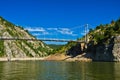 Landscape with pedestrian bridge at river Uvac gorge Royalty Free Stock Photo