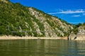 Landscape with pedestrian bridge at river Uvac gorge Royalty Free Stock Photo