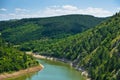 Landscape with pedestrian bridge at river Uvac gorge Royalty Free Stock Photo