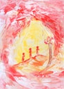 Landscape with people, travelers. Encaustic, art decoration, sketch. Illustration hand drawn modern, hot wax