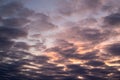 Landscape photo of big, pink cumulonimbus clouds in a stormy sky at sunset. Moody sunset or sunrise sky. Royalty Free Stock Photo