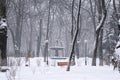 Landscape photo of morning snowfall in the Mariinsky park. Old fountain in the background. High layer of snow on the ground. Royalty Free Stock Photo