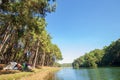 Landscape photo of Pangung with pine tree tall and lake or pond water in Maehongson , Thailand. Asia. Royalty Free Stock Photo