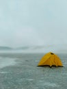 Landscape photo resting in a tent on a glacier in a cold winter at the North Pole