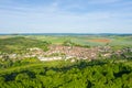 A city in the middle of the countryside in Europe, in France, in Burgundy, in Nievre, in Varzy, towards Clamecy, in Spring, on a