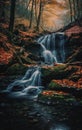 Long exposure waterfall in the forest during autumn.