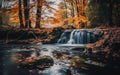 Long exposure waterfall in the forest during autumn.