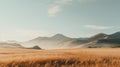 Serene Foothills: Ethereal Minimalism In Yellow Grass And Mountains