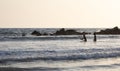 Landscape Photograph of Venice beach, Los Angeles California taken during sunset of two people surfing