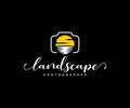 Landscape photographer logo design. Digital camera and lens in the form of sun and water vector design Royalty Free Stock Photo