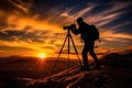 Landscape photographer with the tripod on top of mountain at sunset background.AI generated