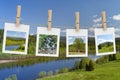 Landscape photographs hanging on clothesline Royalty Free Stock Photo