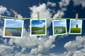 Landscape photographs hanging on a clothesline