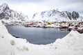 Landscape photography. Cloudy winter view of Nusfjord town, Norway, Europe. Bright morning scene of Lofoten Islands. Norwegian Royalty Free Stock Photo