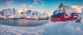 Landscape photography. Panoramic winter cityscape of small fishing town - Hamnoy, Norway, Europe Royalty Free Stock Photo