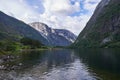 Landscape picture of Aurlandsfjorden fjord in norwegian region Aurland. Royalty Free Stock Photo