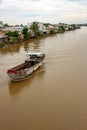 A landscape pictures of the shores of the mekong river in south vietnam near vinh long on a sunny summer day