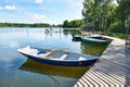 Landscape with pier of pleasure boats on Lake Valdai Royalty Free Stock Photo