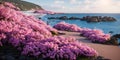 Landscape with pink flowers, rocks, beach and beautiful turquoise sea water. Royalty Free Stock Photo