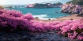 Landscape with pink flowers, rocks, beach and beautiful turquoise sea water. Royalty Free Stock Photo