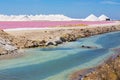 Landscape with pink salt lake and salt mountains Royalty Free Stock Photo