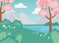 Landscape pink trees flowers lake bush meadow mountains Royalty Free Stock Photo