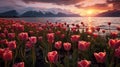 landscape of pink tulip fields by the lake, sunlight shining on tulip fields, and a mountain at sunset in the background Royalty Free Stock Photo