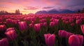 landscape of pink tulip fields, sunlight shining on tulip fields, and a mountain at sunset in the background. Generative Royalty Free Stock Photo