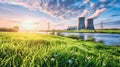 Landscape with pipes with steam at nuclear power plant near of green grass field and river, green energy concept Royalty Free Stock Photo