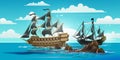 Landscape with pirate boats and Old different Wooden Ships with Fluttering Flags books, brochure leaflet book cover page