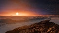 Landscape on planet Mars, scenic desert and rock on the red planet.The sun rises over the horizon.Sunrise.Alien landscape.Elements Royalty Free Stock Photo